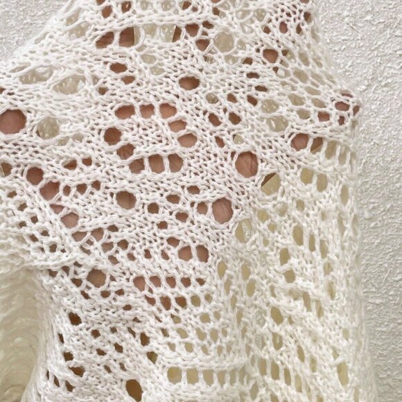 Beige Casual Women's Lantern Sleeve V Neck Knot Side Pointelle Knit Cardigan - Picture 8 of 8